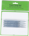 Förpackning med fyra grå ramfixeringsverktyg, märkt "ESSVE" och "Frame fixing tool".