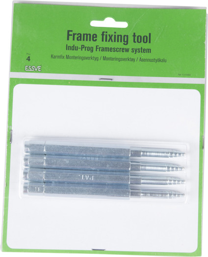 Förpackning med fyra grå ramfixeringsverktyg, märkt "ESSVE" och "Frame fixing tool".