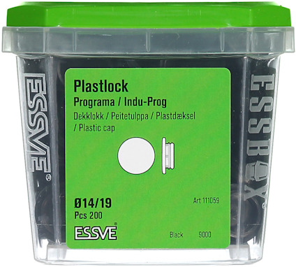 Förpackning med plastlock från Essve, grön lock, innehåller 200 st, art.nr 111059, svart färg, storlek Ø14/19.