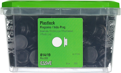 Plastlåda med grönt lock innehållande svarta plastlock, märkning: "Plastlock Ø14/19 Pcs 200 ESSVE".