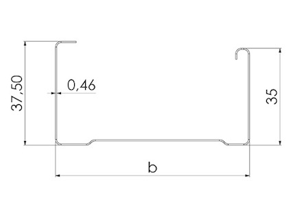 Teknisk ritning av en metallprofil med mått: höjd 37,50 mm, ytterhöjd 35 mm, tjocklek 0,46 mm. Bredd anges som "b".