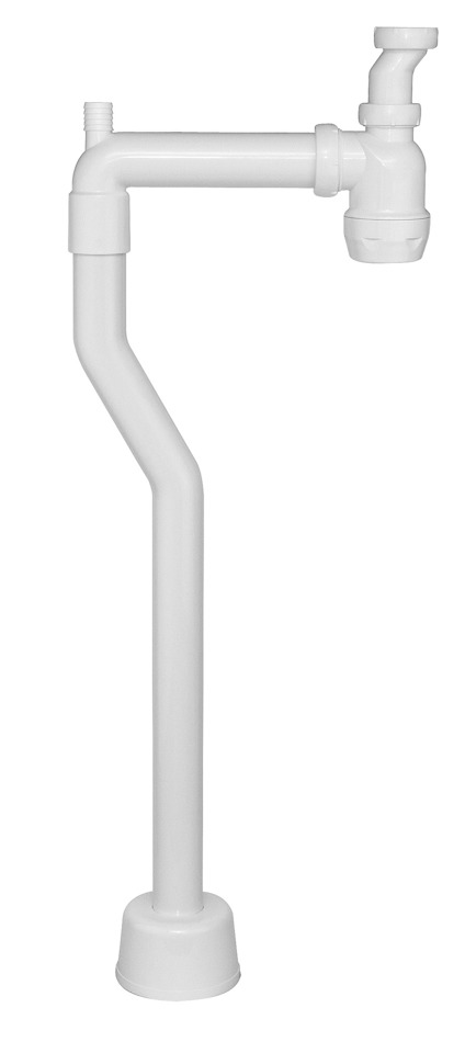 Vit V-format rör med flexibel rörkoppling och svängd nedre del ansluten till en bas med runt avslut.