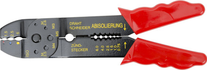Kabelskotång med röda handtag och skalverktyg, svart metall med gul märkning.