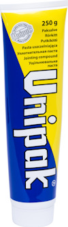 Blå och vit tub med texten "Unipak" i gult och "Rörkitt 250 g" tillsammans med text på flera språk.