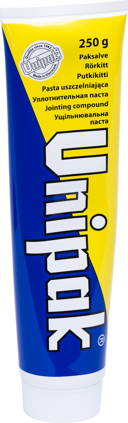 Blå och vit tub med texten "Unipak" i gult och "Rörkitt 250 g" tillsammans med text på flera språk.