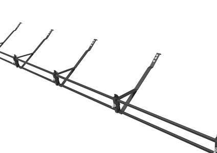 Svart metallkonstruktion med flera vertikala och horisontella stänger i ett geometriskt mönster.
