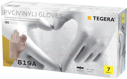 Förpackning med PVC-engångshandskar, 100 stycken, modell 819A, storlek small, 0,08 mm tjocka.