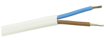 Vit kabel med två exponerade ledningar, en blå och en brun.