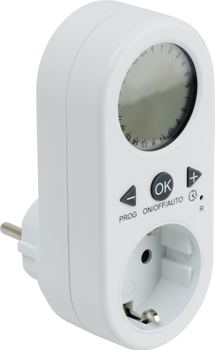 Vit digital timer med display, knappar märkta "PROG", "OK", "ON/OFF/AUTO" och "R", samt en stickkontakt.