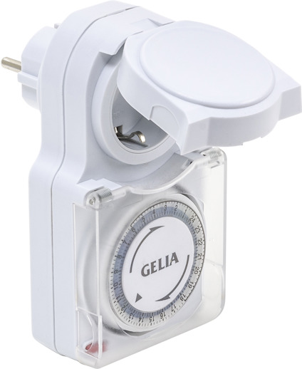 Vit jordad timer med vridbart ur och transparent skyddslock. Text: "GELIA".