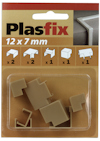 Förpackning med ekfärgade plastdelar för skarvar och hörn, märkt "Plasfix 12 x 7 mm", med illustrationer av användning.