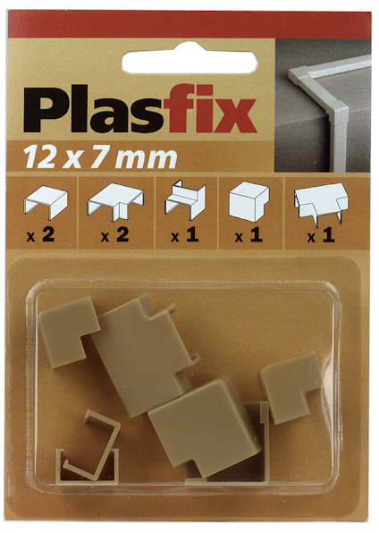 Förpackning med ekfärgade plastdelar för skarvar och hörn, märkt "Plasfix 12 x 7 mm", med illustrationer av användning.