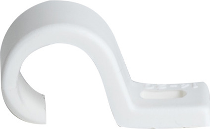 Vit ledningshållare i plast med en S-formad design och en platt bas med fästhål.