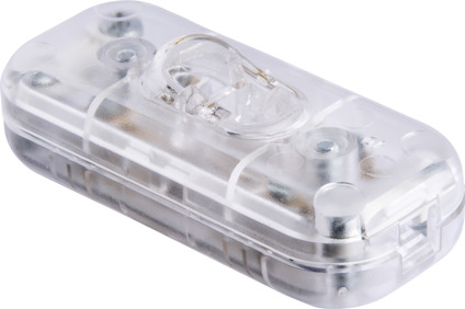 Transparent plastströmbrytare, rektangulär form med rundade hörn, synlig mekanism inuti.