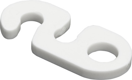 Vit plastkrok med ett öppet och ett slutet hål, formad som en krok för sladd- eller kabelhantering.
