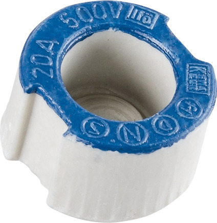 Keramisk säkring med blått märkningsband, text "20A 500V" och "N&S".