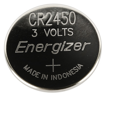Rund knapbatteri med text: "CR2450 3 VOLTS Energizer MADE IN INDONESIA".