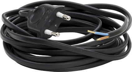 Svart, rund elkabel med europeisk kontaktplugg och avskalade ändar.