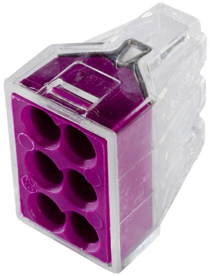 Lila och transparent kopplingsklämma för sex ledare, med tydlig plastkant och en kompakt design.
