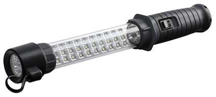 Svart, laddbar LED-handlampa med transparent sektion som visar dioder och en krok för upphängning.