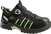 Svart skyddssko med gröna detaljer, märket Jalas. Snörsystem med vridknapp och kraftig sula.