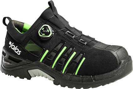Svart skyddssko med gröna detaljer, märket Jalas. Snörsystem med vridknapp och kraftig sula.