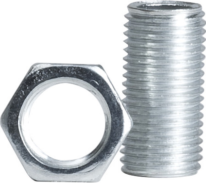 Sexkantmutter och gängad metallnippel, båda i silverfärg.
