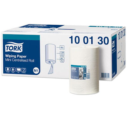 Vit pappersrulle framför en vit kartong med blå text och logotyp för "Tork".