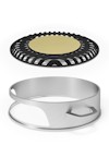 Rund metallring med handtag och runt svart galler med gul skiva i mitten.