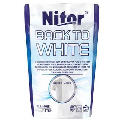 Förpackning av textilfärg "Nitor Back to White" med instruktioner på olika språk och bilder före/efter tvätt.