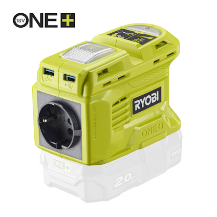 Grön Ryobi spänningsomvandlare RY18BI150B med två USB-portar och ett eluttag, del av One+ systemet.