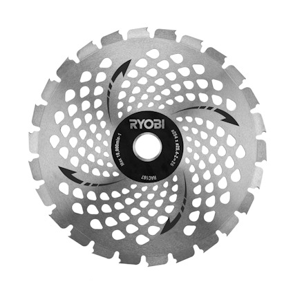 Rundt sågblad med perforerat mönster och svart centrum med texten "RYOBI RAC167".