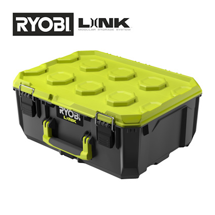 Svart och grön verktygslåda med handtag och två låsklämmor framtill. Logotypen "RYOBI LINK" visas ovanför lådan.
