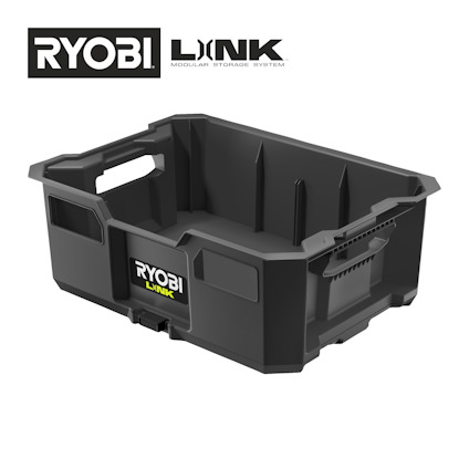 Svart, rektangrönär plastverktygslåda med bärhandtag och Ryobi Link-logotypen på sidan.