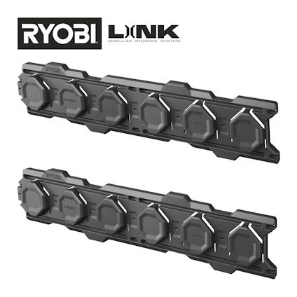 Svart modulärt lagringssystem med etiketten "RYOBI LINK" högst upp till vänster. Två svarta väggskenor med flera vinkelfästen.