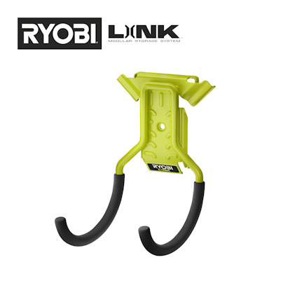 Grön dubbel krok med skyddande överdrag, monterad under en konsol märkt "RYOBI LINK Modular Storage System".