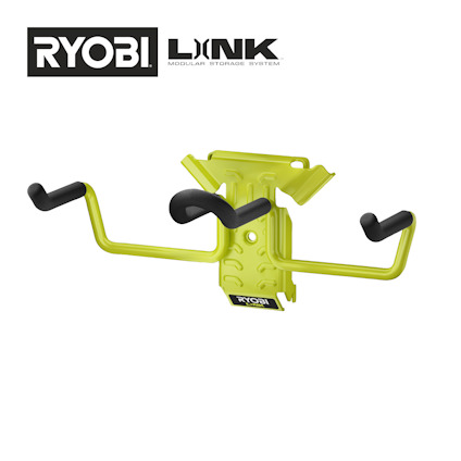 Grön krok i metall med fyra svarta gummibelagda ändar. Text: "RYOBI LINK Modular Storage System".
