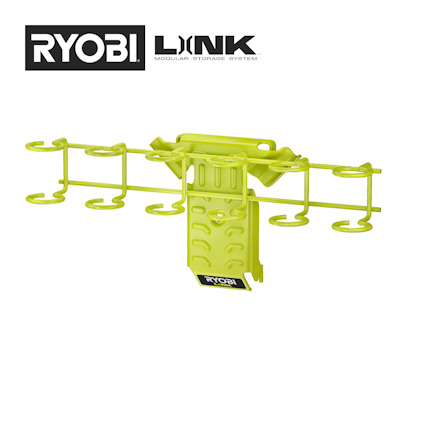 Grön skruvmejselhållare med flera hållare, märkt "RYOBI LINK Modular Storage System".