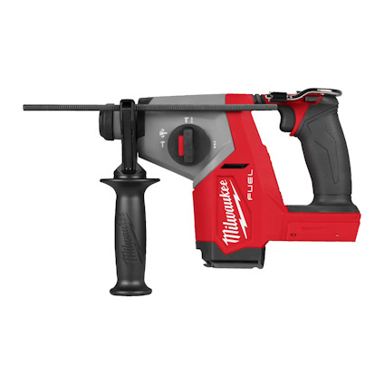 Röd och svart borrhammare med handtag och justeringsvred, märkt "Milwaukee Fuel".
