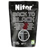 Svart förpackning med texten "Nitor Back to Black". Bild av före och efter resultat på textil.