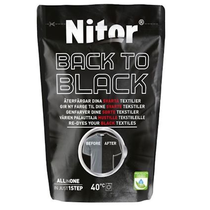 Svart förpackning med texten "Nitor Back to Black". Bild av före och efter resultat på textil.