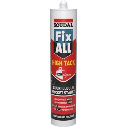 Grå tub märkt "Fix ALL High Tack" från Soudal med röd och vit text samt angivelse "MYCKET STARKT" på etiketten.