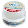 Rund burk med genomskinligt lock och beige etikett, texten "OCEAN Miljöanpassad Universalpasta" synlig.