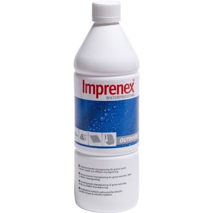 Vit flaska med röd text "Imprenex" och blå etikett med bild av vattendroppar och ikoner för olika typer av textil.