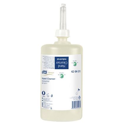 Vit flaska med etikett märkt "Hand Cleanser Industrial", Tork-logotyp, och grön certifieringssymbol.