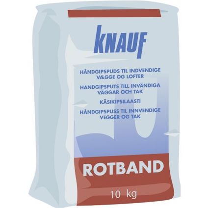Förpackning med handgipsputs av märket Knauf Rotband, 10 kg, med text på flera språk.
