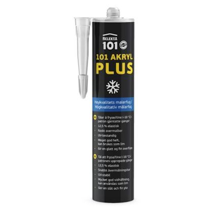 Svart tub med texten "Relekta 101 Akryl Plus", vitt lock och applikator. Innehåller information om produktens egenskaper.