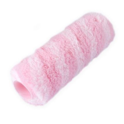 Målarroller med rosa och vit luddig yta, cylindrisk form.