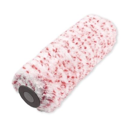 Vit och rosa målarroller med ett fluffigt texturerat yttre och en grå cylinderkärna.