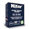 Förpackning av Nitor textilfärg i marinblå, med text: "All in One" och tvättning vid 30°C.